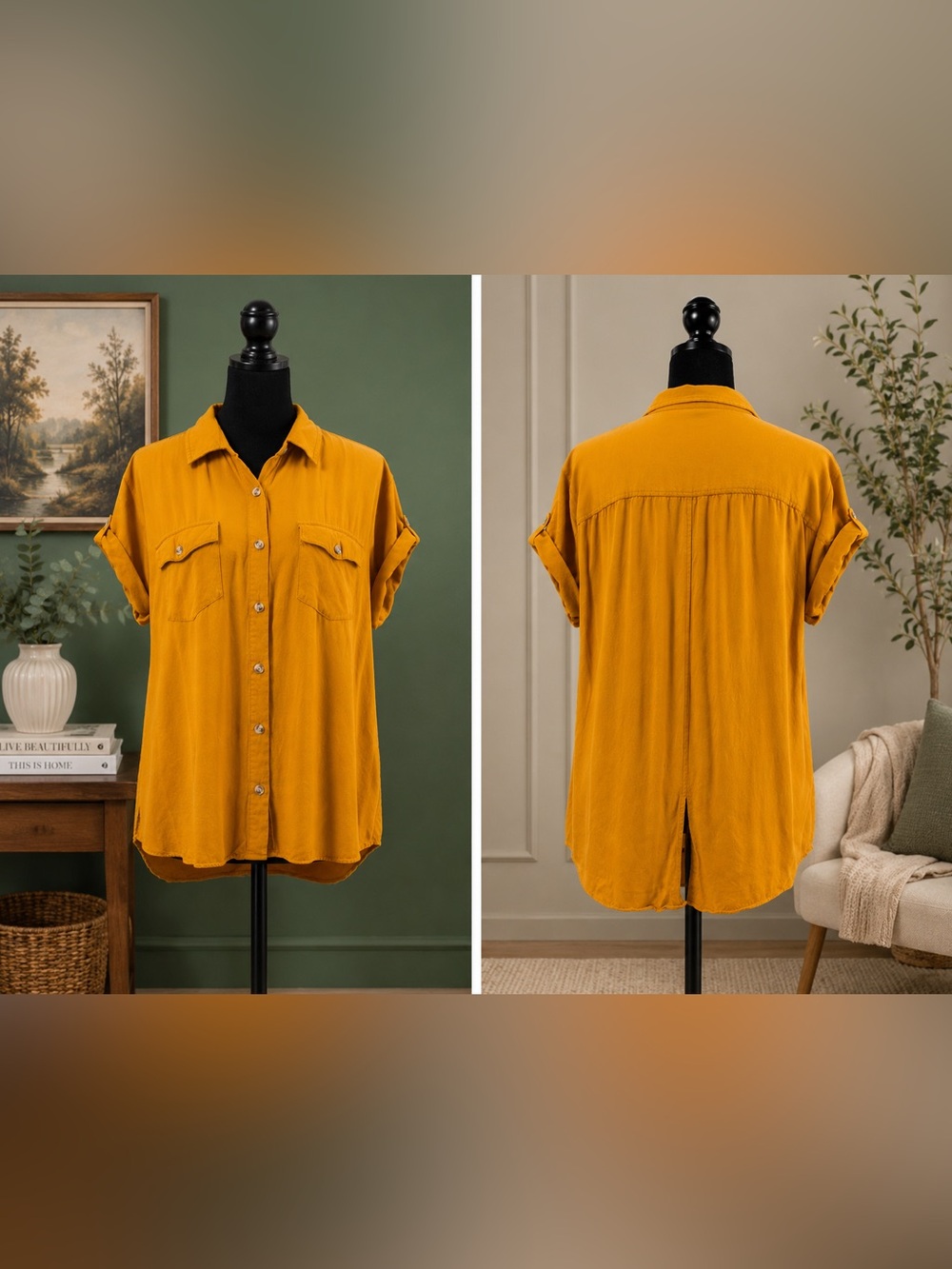 Mustard Button-Front Short Sleeve Shirt - Women's Top